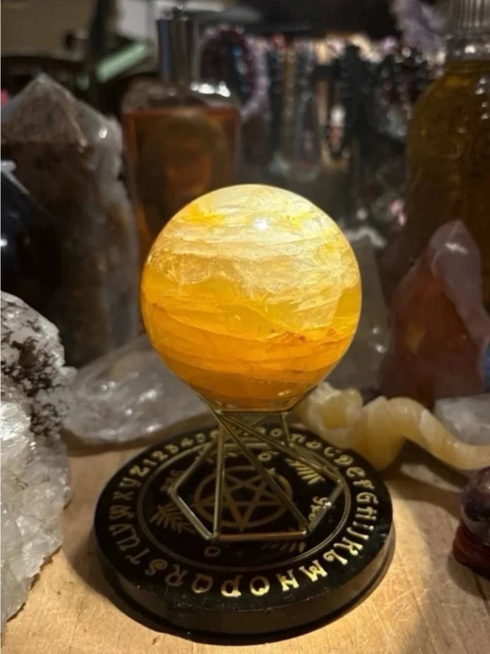 Yellow Selenite Sphere on Metal Stand